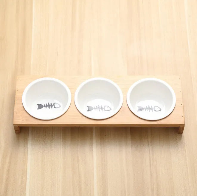 Bamboo frame cat dog feeder bowls with ceramic bowls in single double and triple configurations
