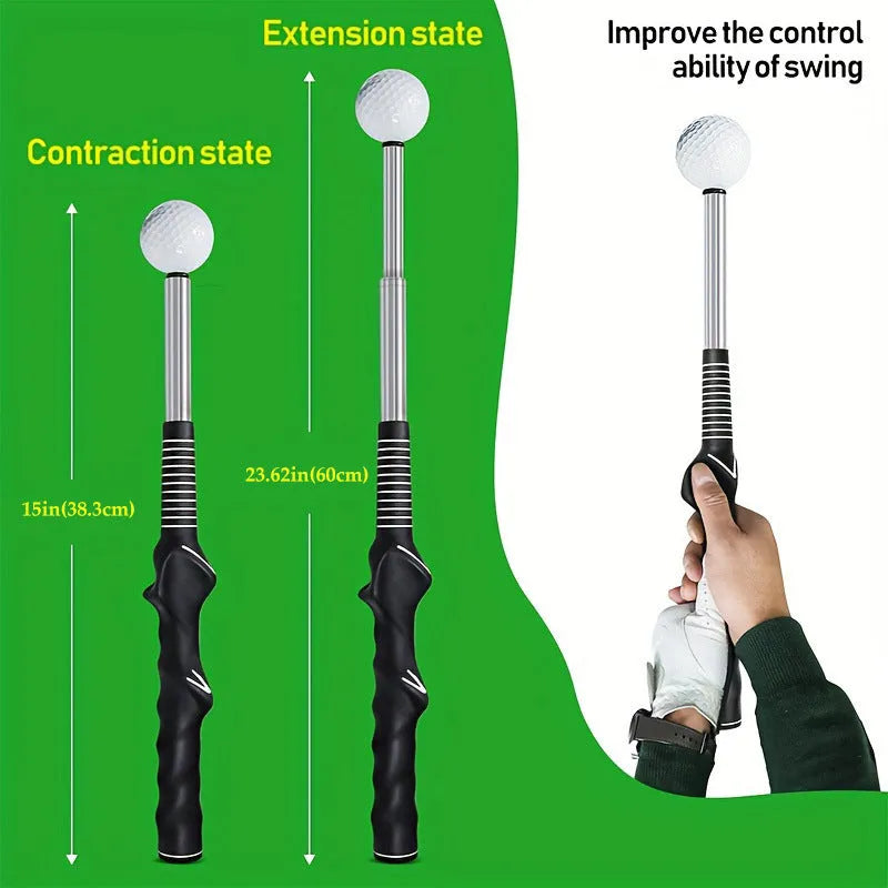 Telescopic golf swing trainer with stainless steel pole and practice net in black, blue, or red