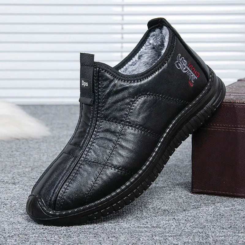 Men's brown winter cotton boots with a buckle fastening and a thick sole.