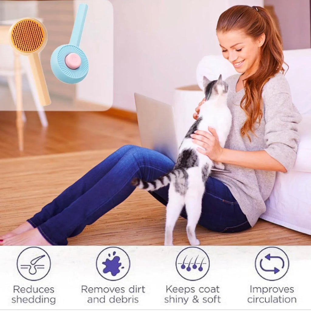 Blue pet grooming brush with self-cleaning button and angled wire needles for cats and dogs