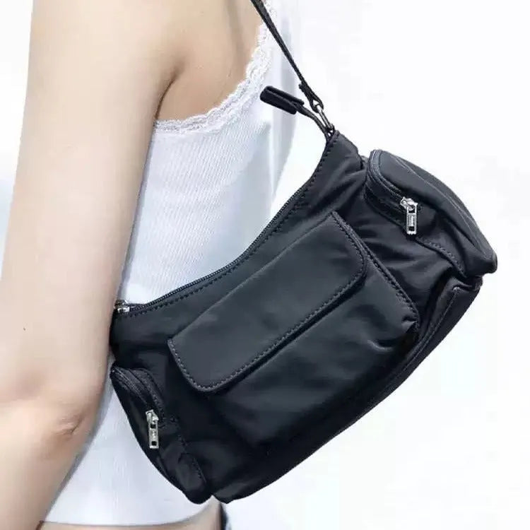 Black PU women's shoulder bag with double pockets and side line detailing