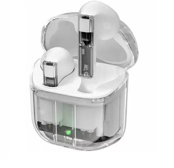 Transparent space capsule case Bluetooth earbuds with digital display showing black, white, light blue, green, and peach colour options