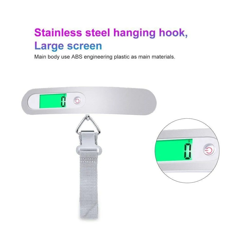 Portable silver LCD digital luggage scale with belt and backlit display showing weight in kg