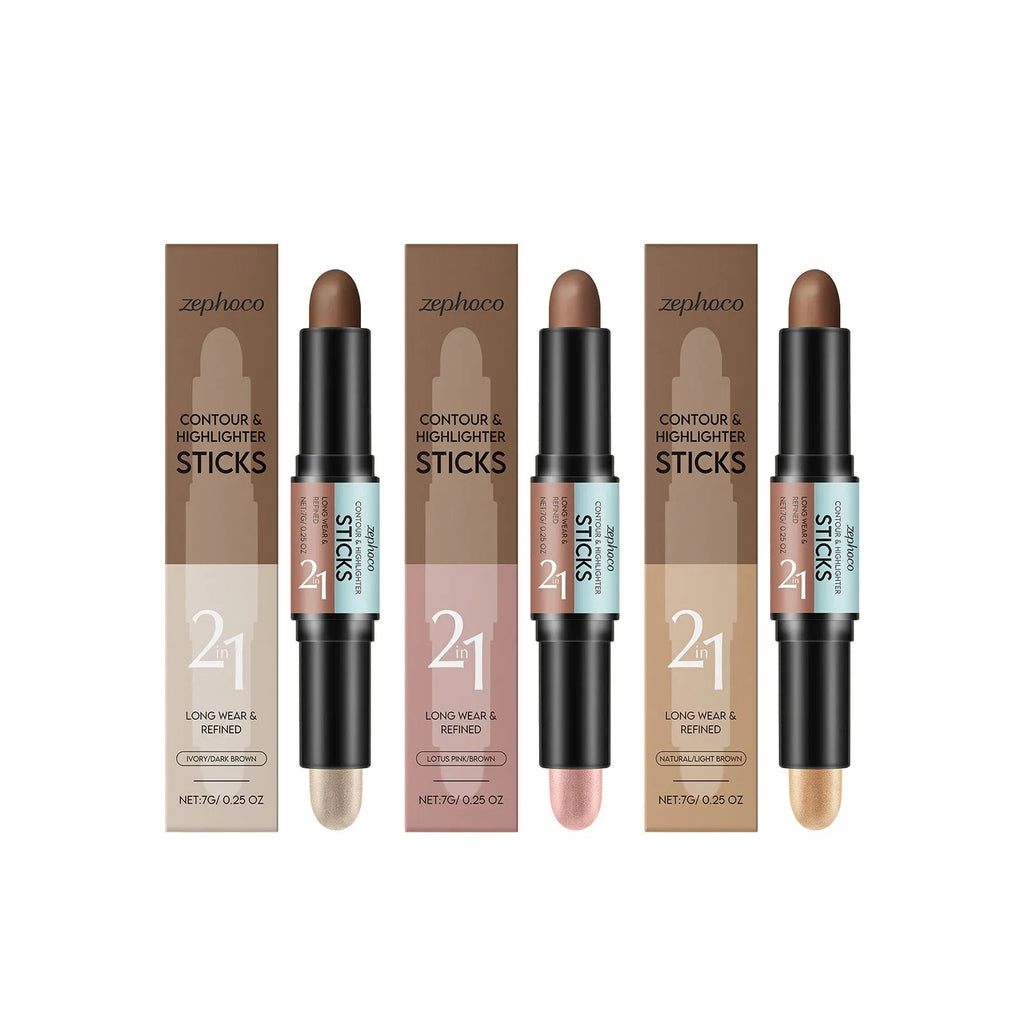 Dual-ended 2-in-1 highlighter pencil for eyebrows and eyeliner in three natural shades.