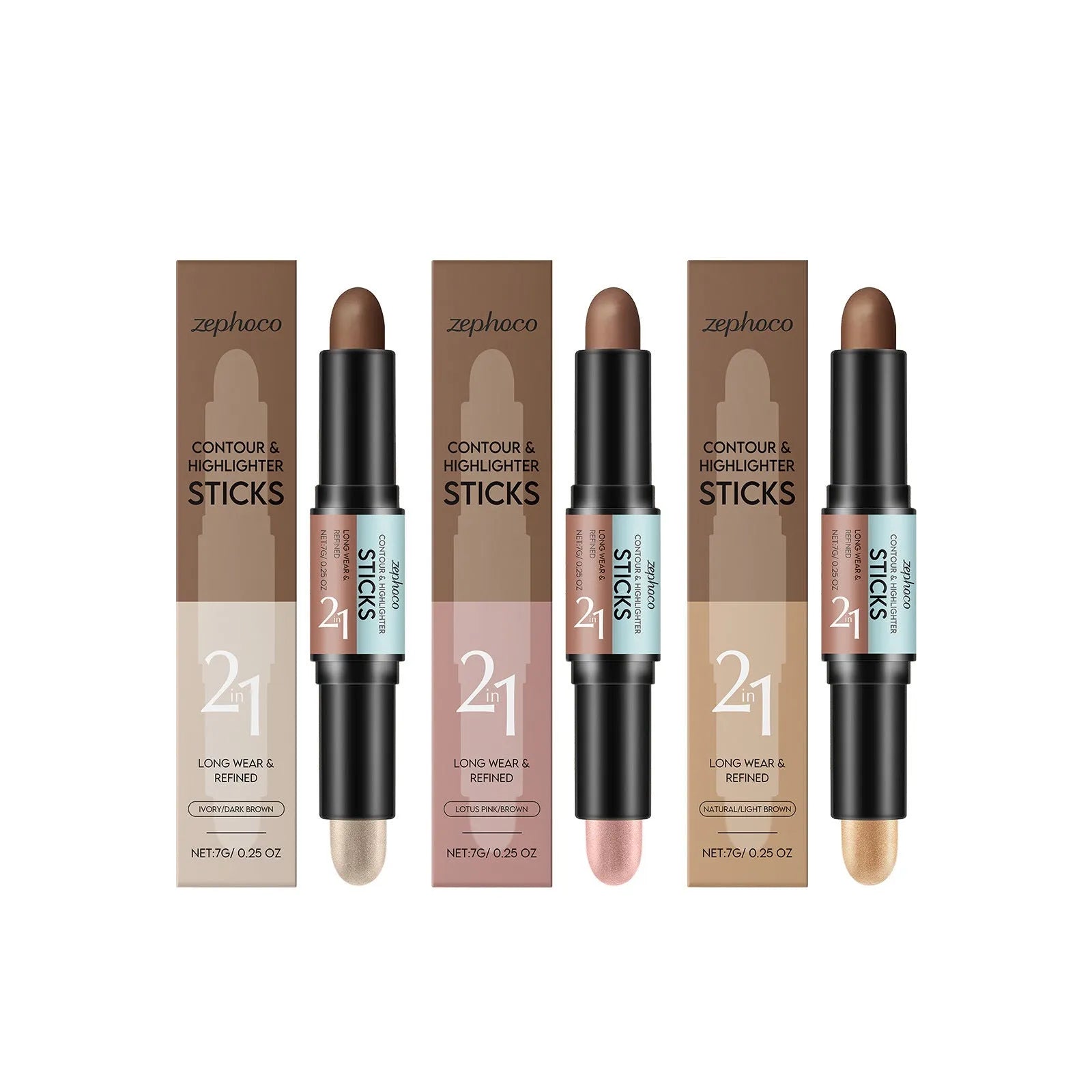Dual-ended 2-in-1 highlighter pencil for eyebrows and eyeliner in three natural shades.