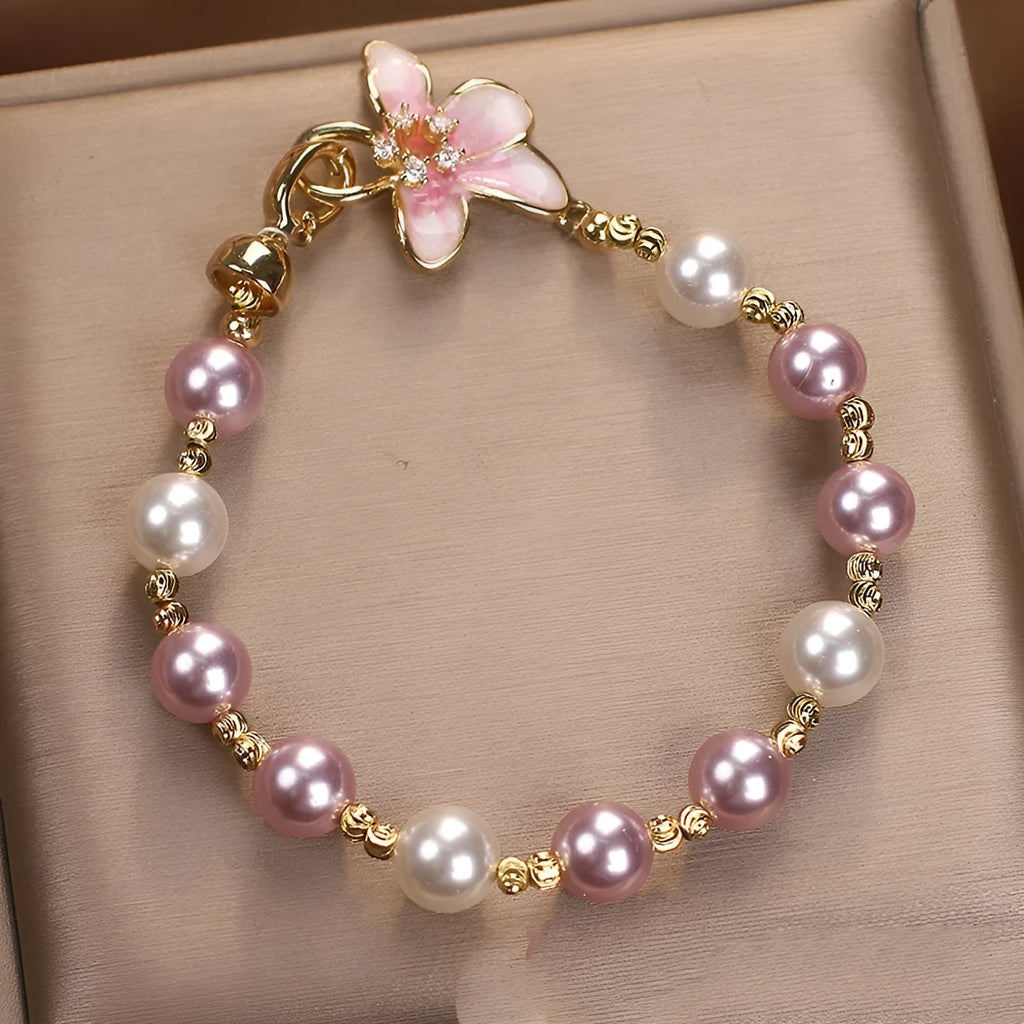 New Chinese style wisteria flower imitation pearl bracelet for women in pink colour, sweet light luxury design