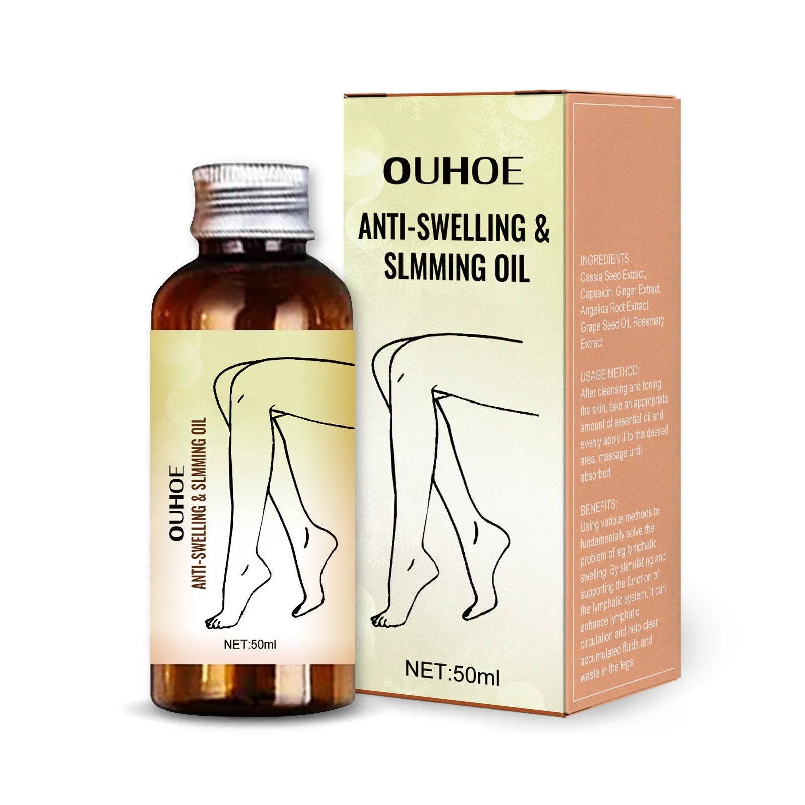 50ml bottle of moisturising body oil with six botanical extracts for skin care and leg massage