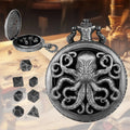 Thick chain octopus pocket watch dice set with seven mini polyhedral metal dice in zinc alloy holder