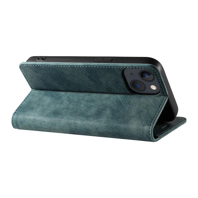 Magnetic flip phone case in leather and TPU for iPhone, shown in grey colour.