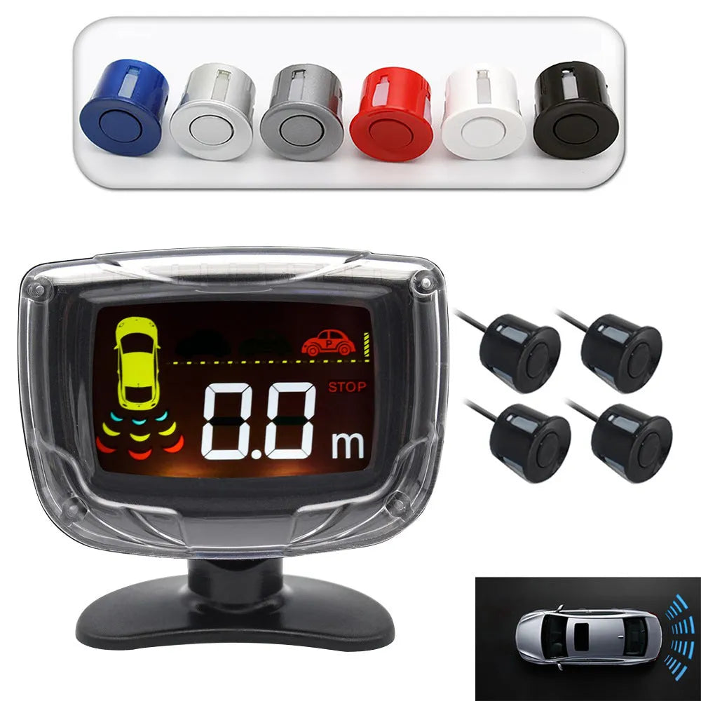 Wireless reversing sensor kit showing main unit, four round probes, LED display, hole opener, and cables on a white background.