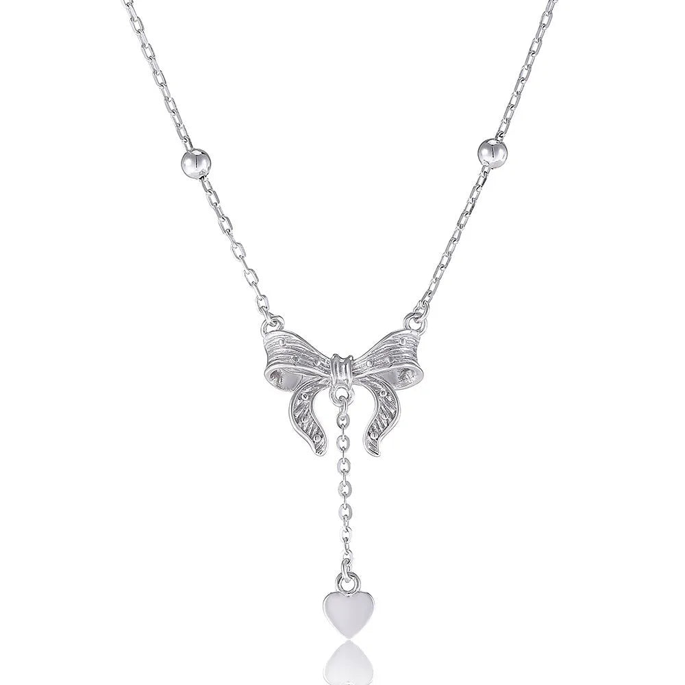 Silver butterfly heart pendant necklace on O-ring chain with adjustable length