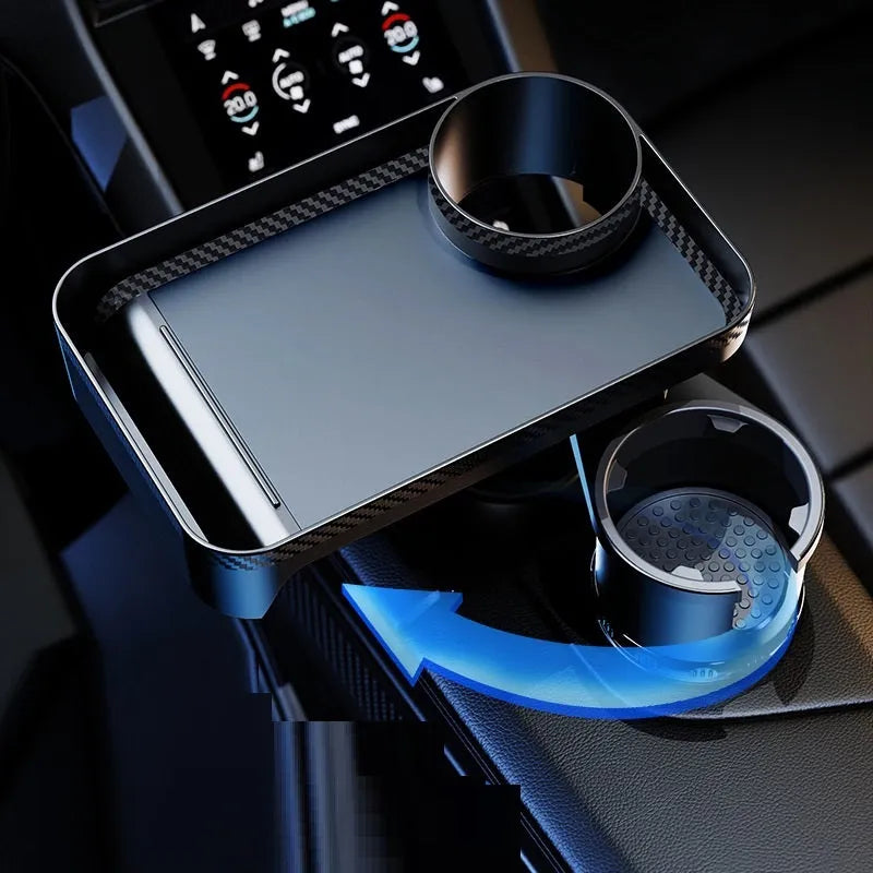 Black ABS plastic car-mounted rotating dinner tray holder showing 360-degree rotation mechanism