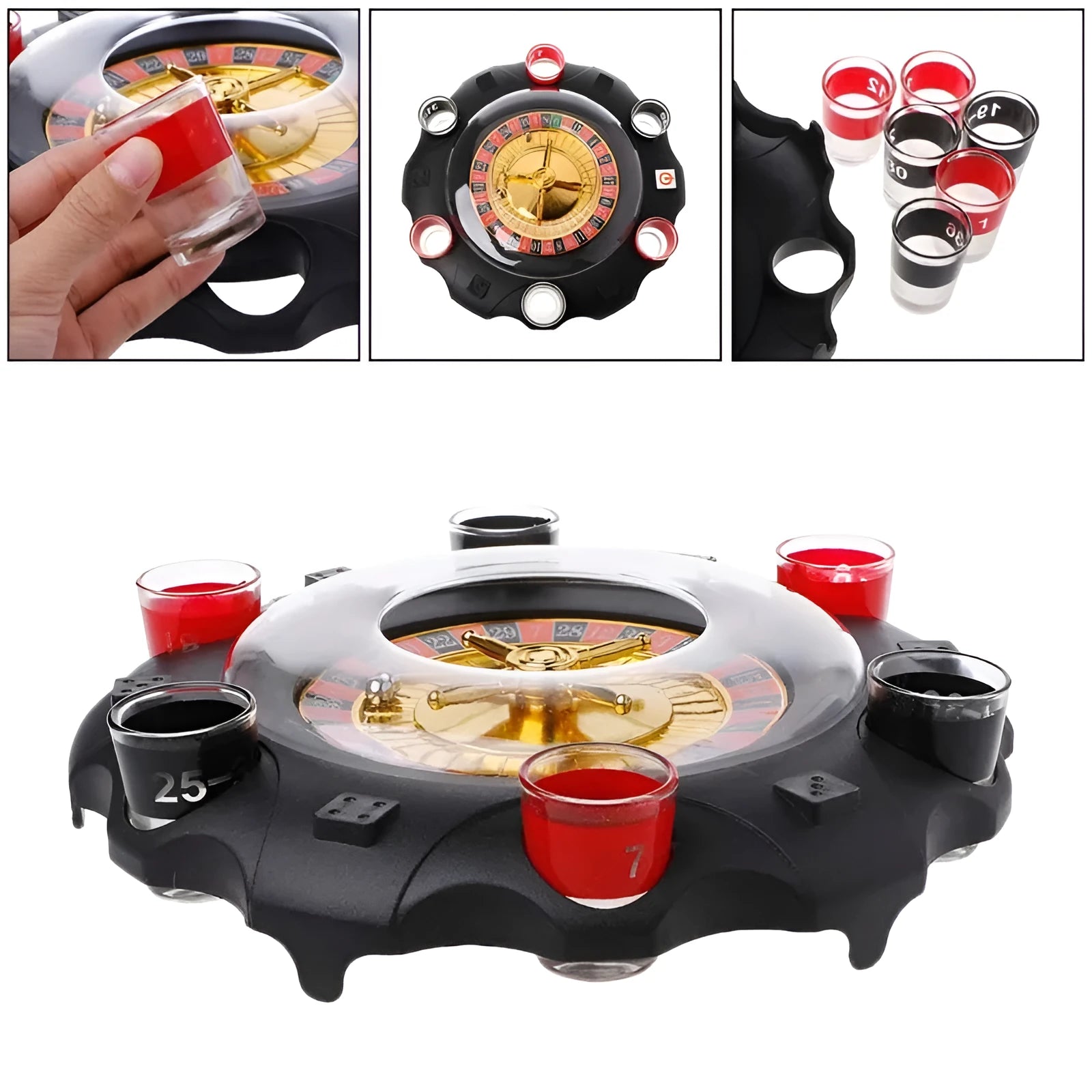 Electric Russian lucky wheel roulette wine set with spinning turntable, six glass shot glasses, and two steel balls on a table