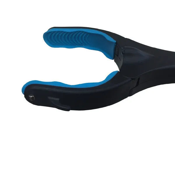 Blue foldable litter picker tool with TPR handle shown extended to its full 83.5 cm length.