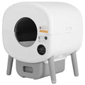 White automatic cat litter box with control panel, waste storage compartment, and cleaning mechanism