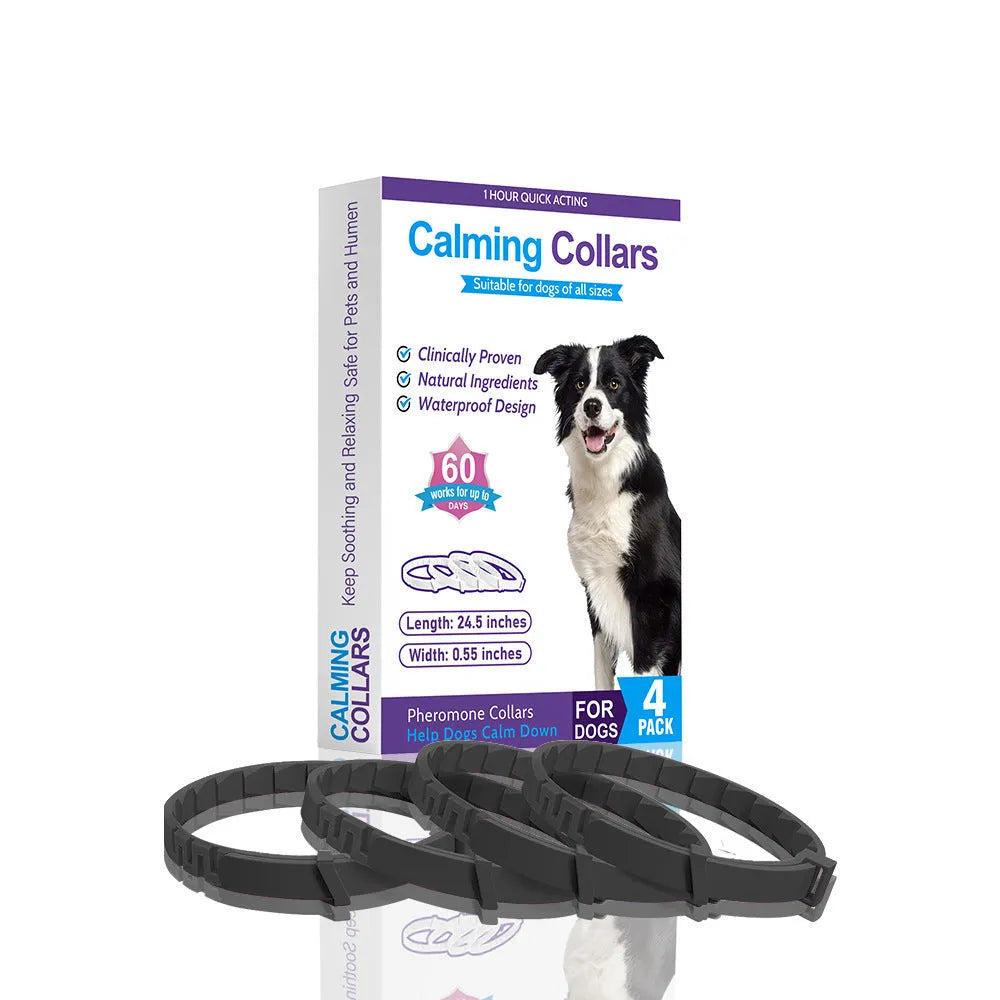 Pack of four solid colour TPR dog anxiety relief collars in Chinese style, laid flat.