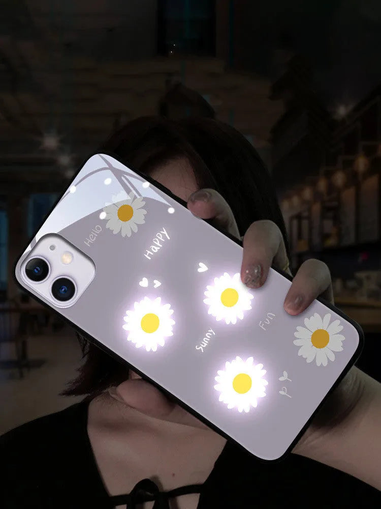 iPhone luminous phone case with voice-activated colour light and painted daisy designs on TPU protective shell