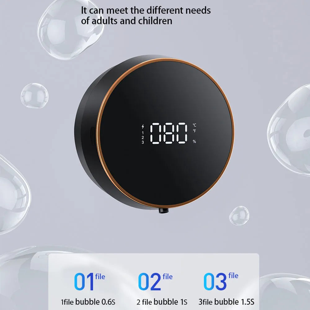 Black automatic sensor foam soap dispenser mounted on a white bathroom wall