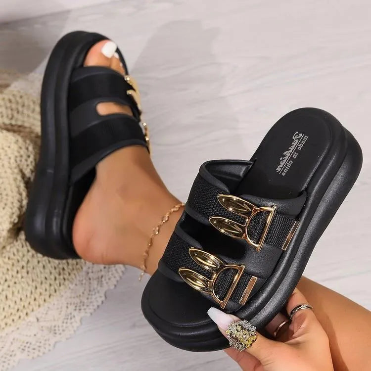 Women's suede slippers with thick rubber soles in apricot, black and off-white colours