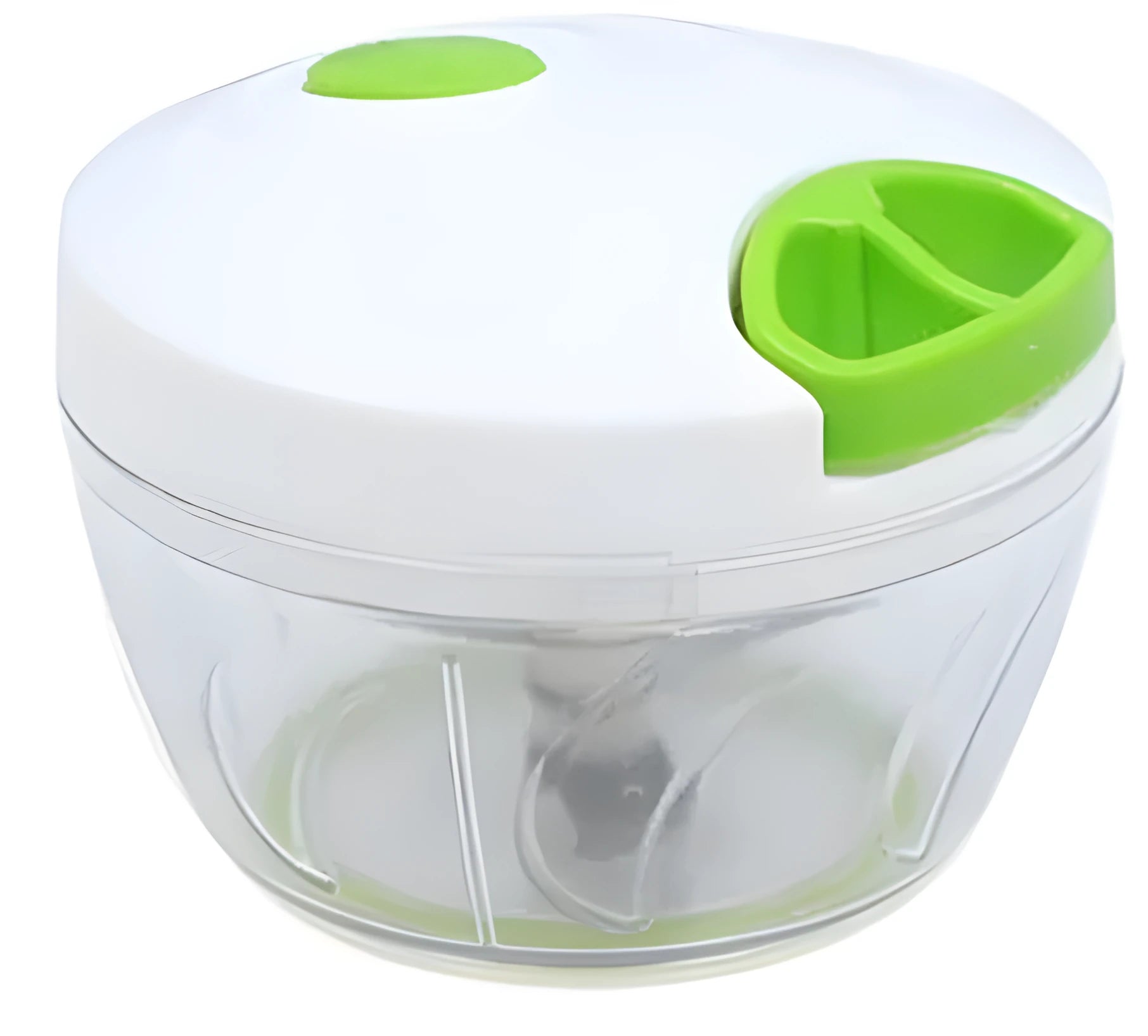 Green manual kitchen chopper with three blades, measuring approximately 13cm long