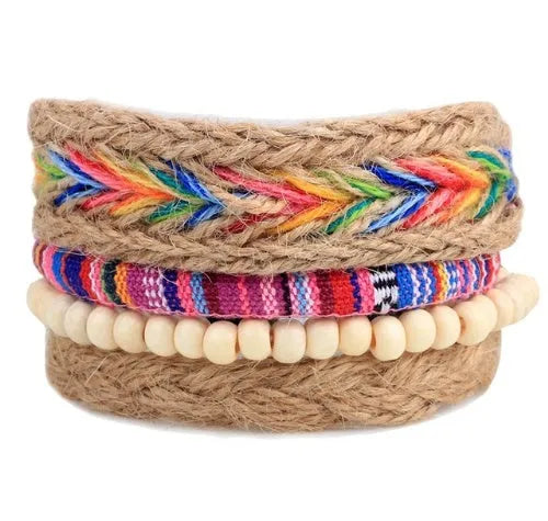 Hand-woven leather bracelet with wooden beads and adjustable closure in punk style