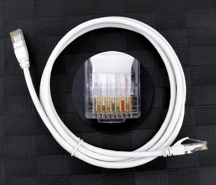 White Cat6 network cable with RJ-45 connectors for Ethernet data transfer