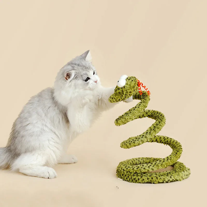 Green cat teasing stick with long pole showing artificial snake and feather attachments for interactive play