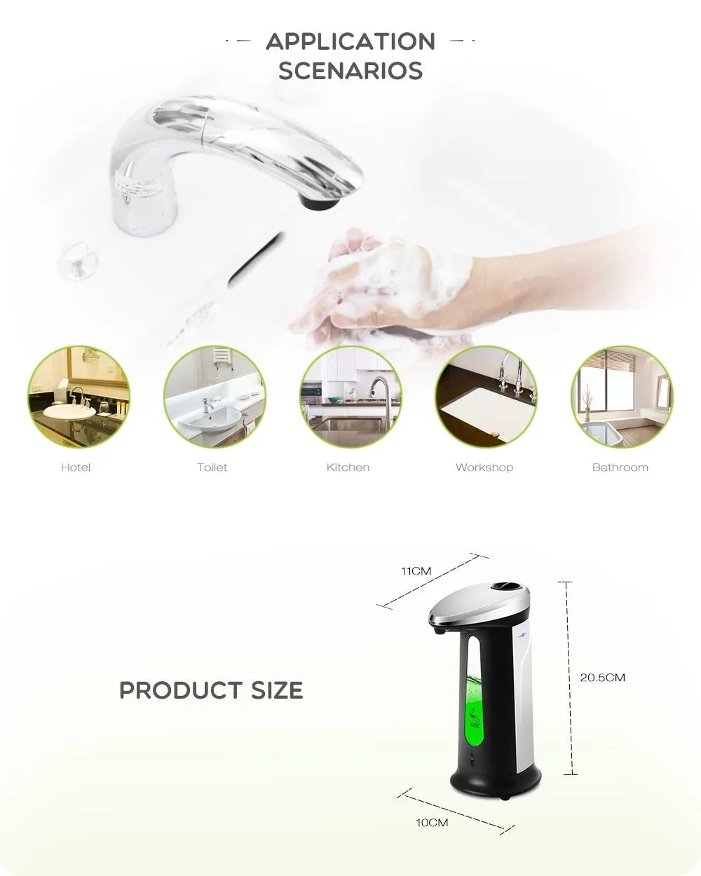 Black automatic liquid soap dispenser with sensor and non-drip spout for touchless operation