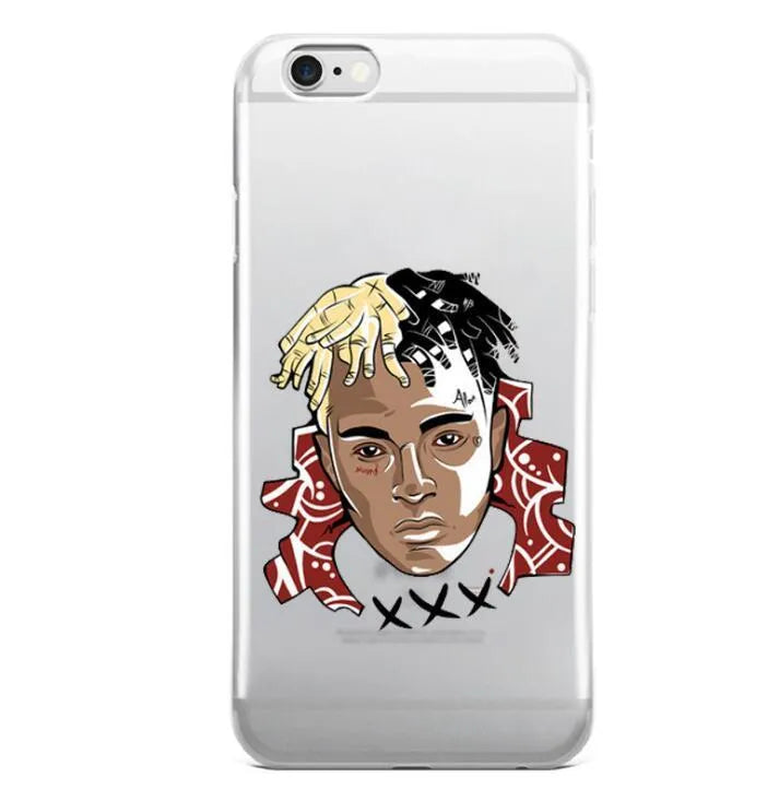 Transparent matte iPhone case with XXXTentacion artwork, shown on an iPhone model