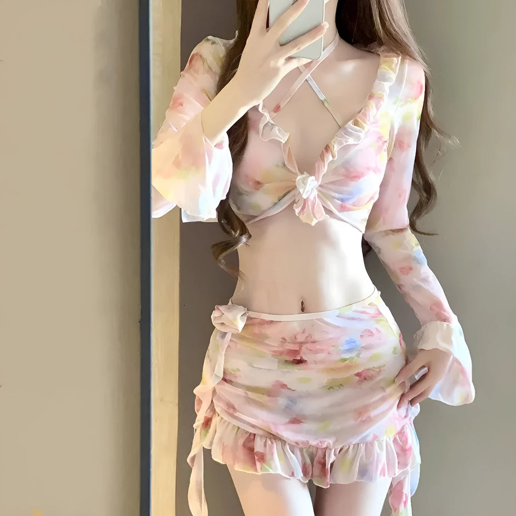 Women's cherry blossom pink floral bikini set for beach and hot spring use