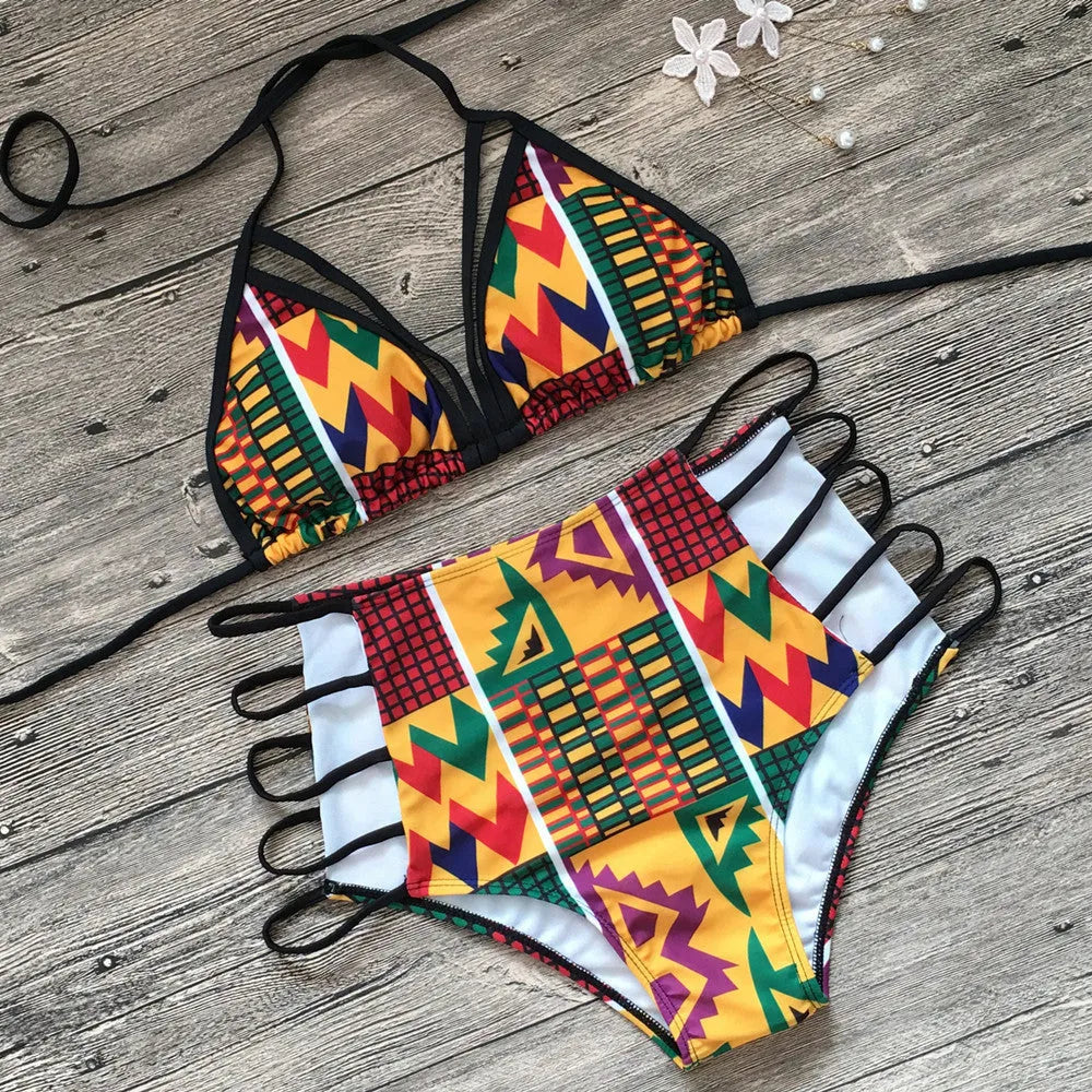 Women's digital print high-waist bikini swimsuit with quick-drying polyester fabric
