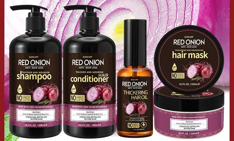 Red onion shampoo and conditioner four-piece set including large bottles and a hair mask tub