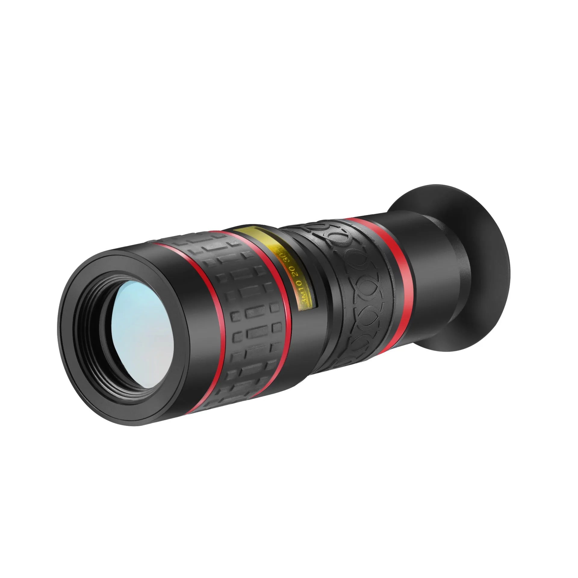 20x magnification smartphone telescope with plastic body, optical glass lens, and universal attachment clip.
