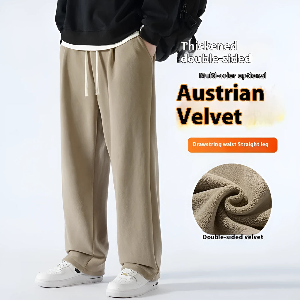 Men's apricot double-sided polar fleece trousers with a wool lining, shown with a drawstring waist.