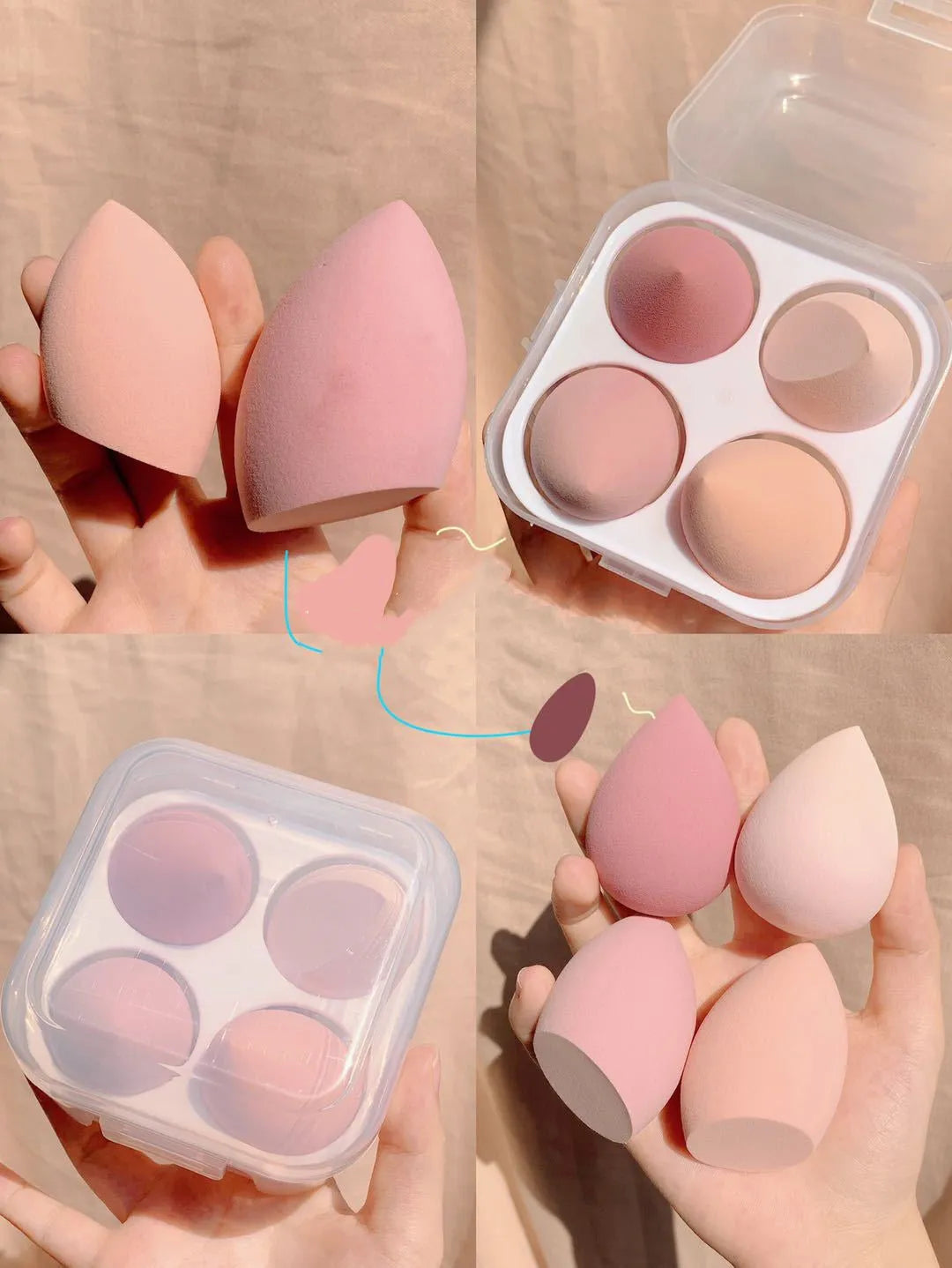 Four egg-shaped makeup sponges in grape, mango, mint, and peach colours arranged together