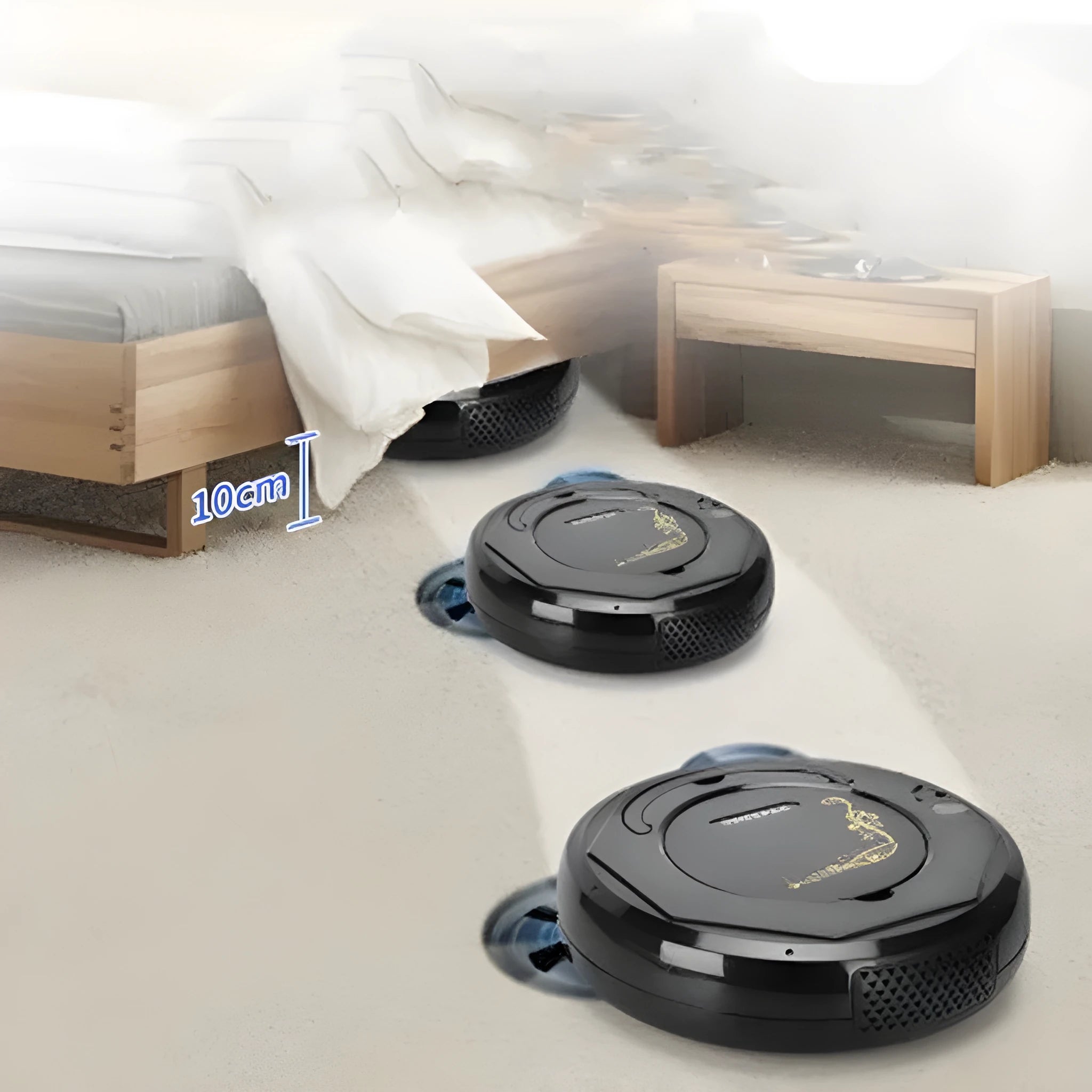 Blue robotic vacuum cleaner on a wooden floor next to its charging cable and accessories.