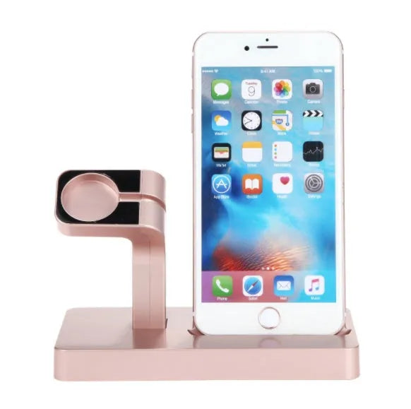 White 2-in-1 desktop charging dock holding an iPhone and an Apple Watch