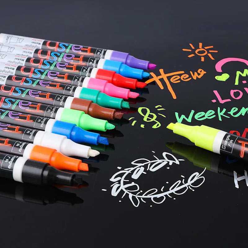 Pack of 6mm fluorescent board markers with a choice of 8 or 12 colours in carded packaging.