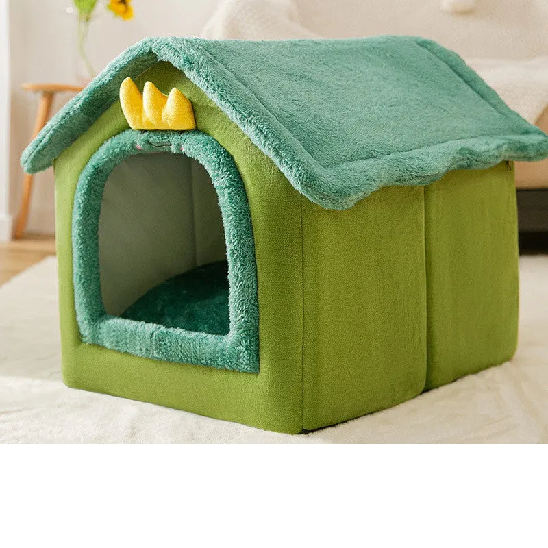 Foldable dog house pet cat bed in cave style with self-warming plush fur and non-slip bottom, available in multiple colours and sizes