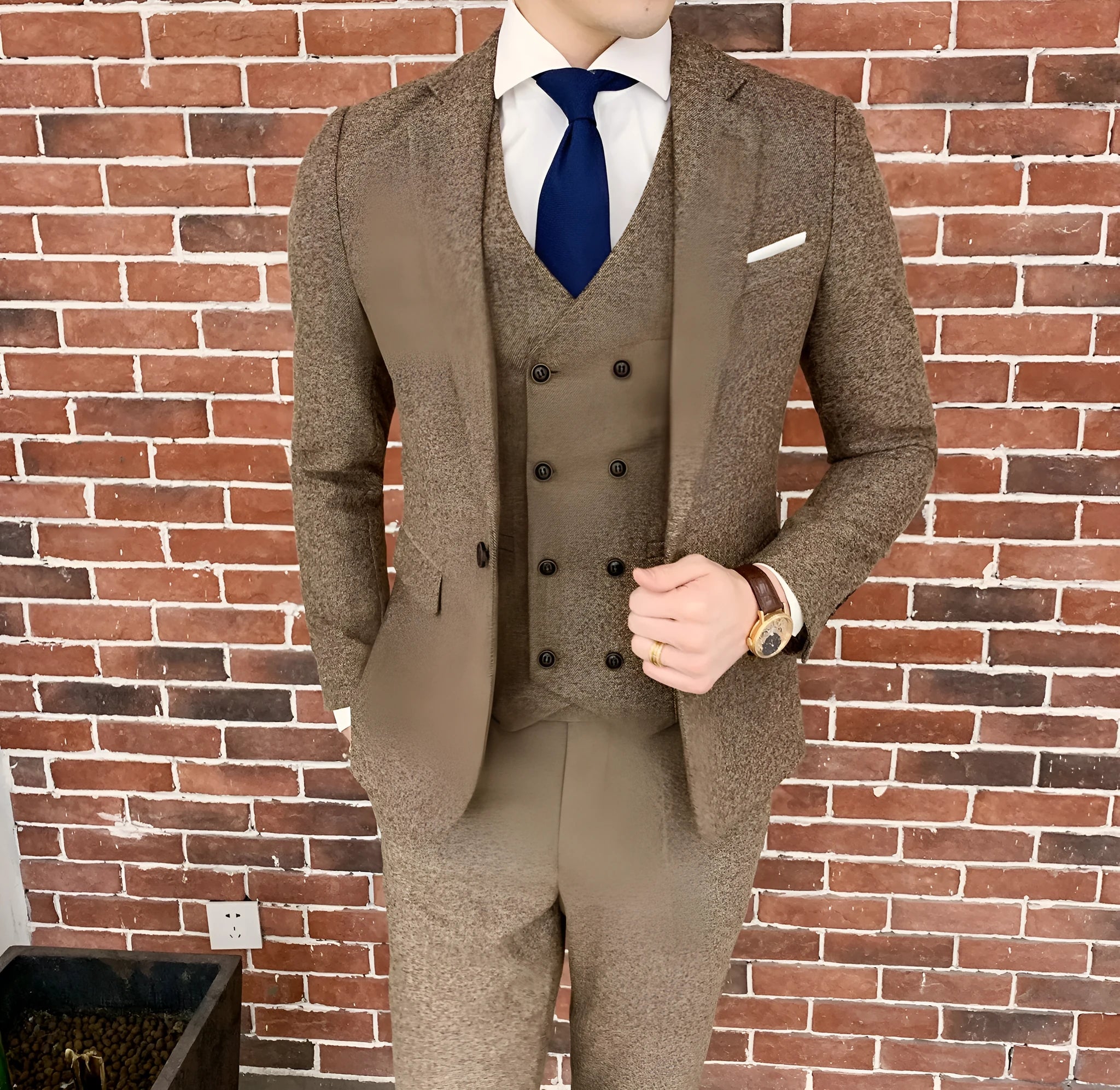 Men's three-piece slim fit suit set in khaki, flat collar, single-breasted, cotton blend fabric