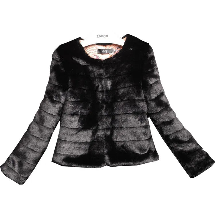 Women's short faux fur top in beige on a hanger, showing regular sleeves and textured fabric.