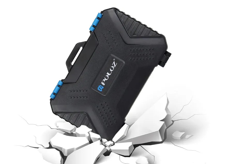 Black waterproof memory card case with ABS polycarbonate body and blue TPV seal, holding multiple cards