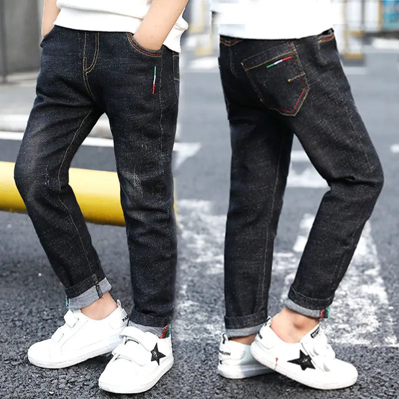 Boys' denim trousers mid-waist blue cotton trousers for children 110-160cm