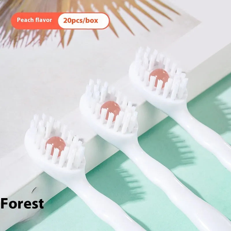 Box of disposable bead toothbrushes in mint, peach, plum green tea, and mixed flavours for travel oral care.