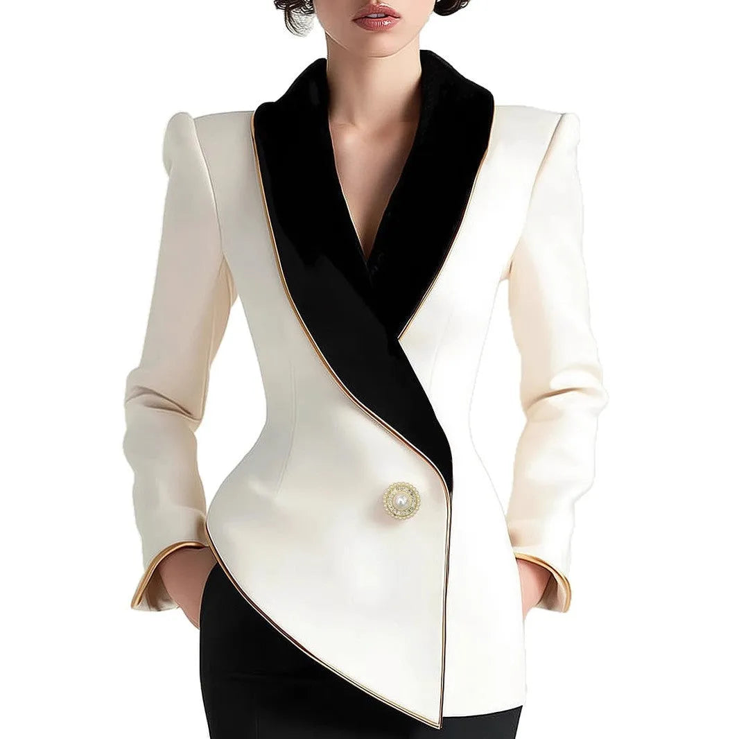 Milky white women's coat with golden edge detailing and pearl button front closure