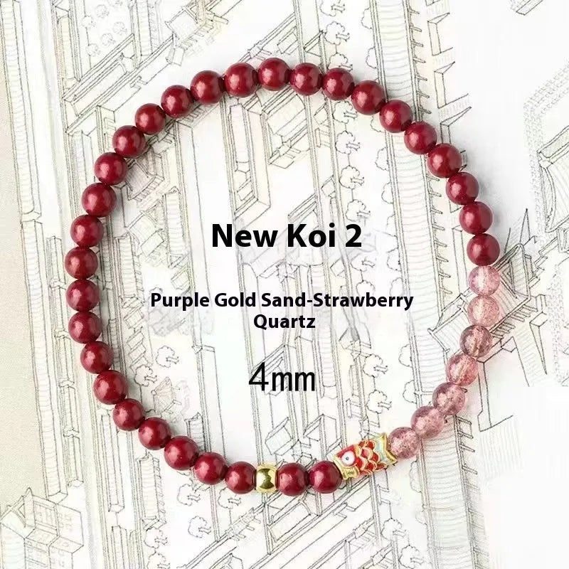 Purple cinnabar and pink strawberry quartz bracelet with koi and peach blossom design