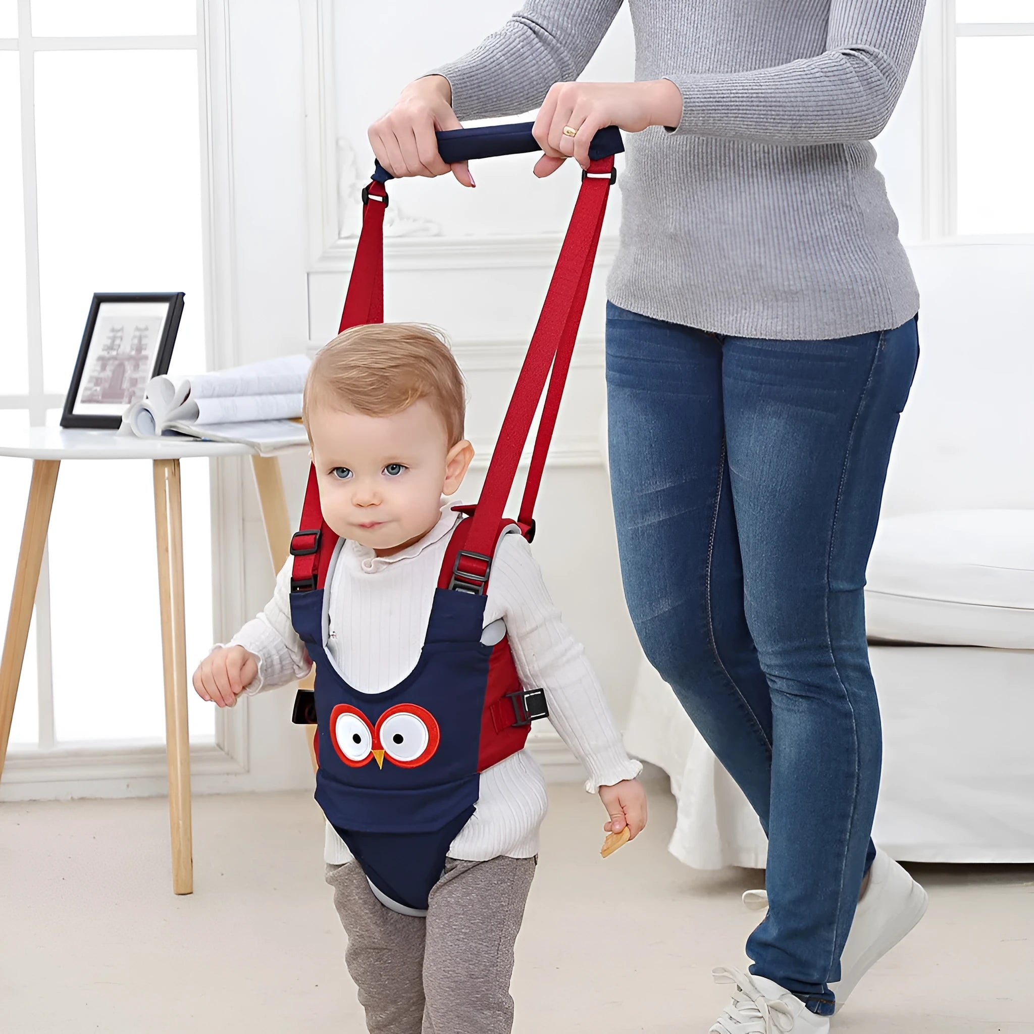 Baby walking harness belt with adjustable straps and removable crotch support in blue colour