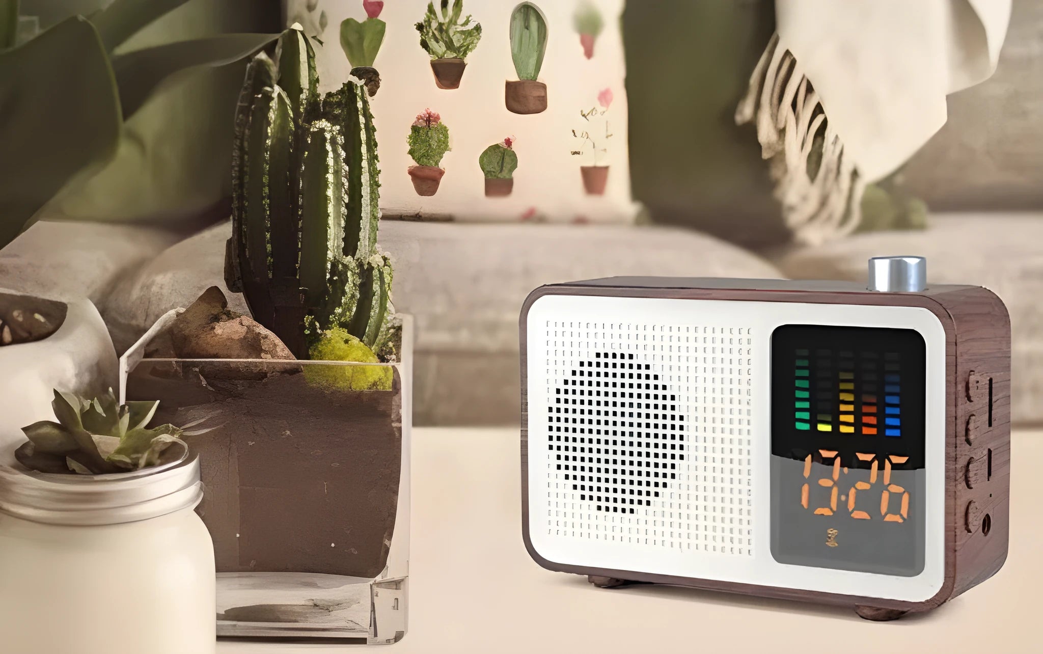 Brown wooden retro Bluetooth radio speaker with a large tuning dial on the front.
