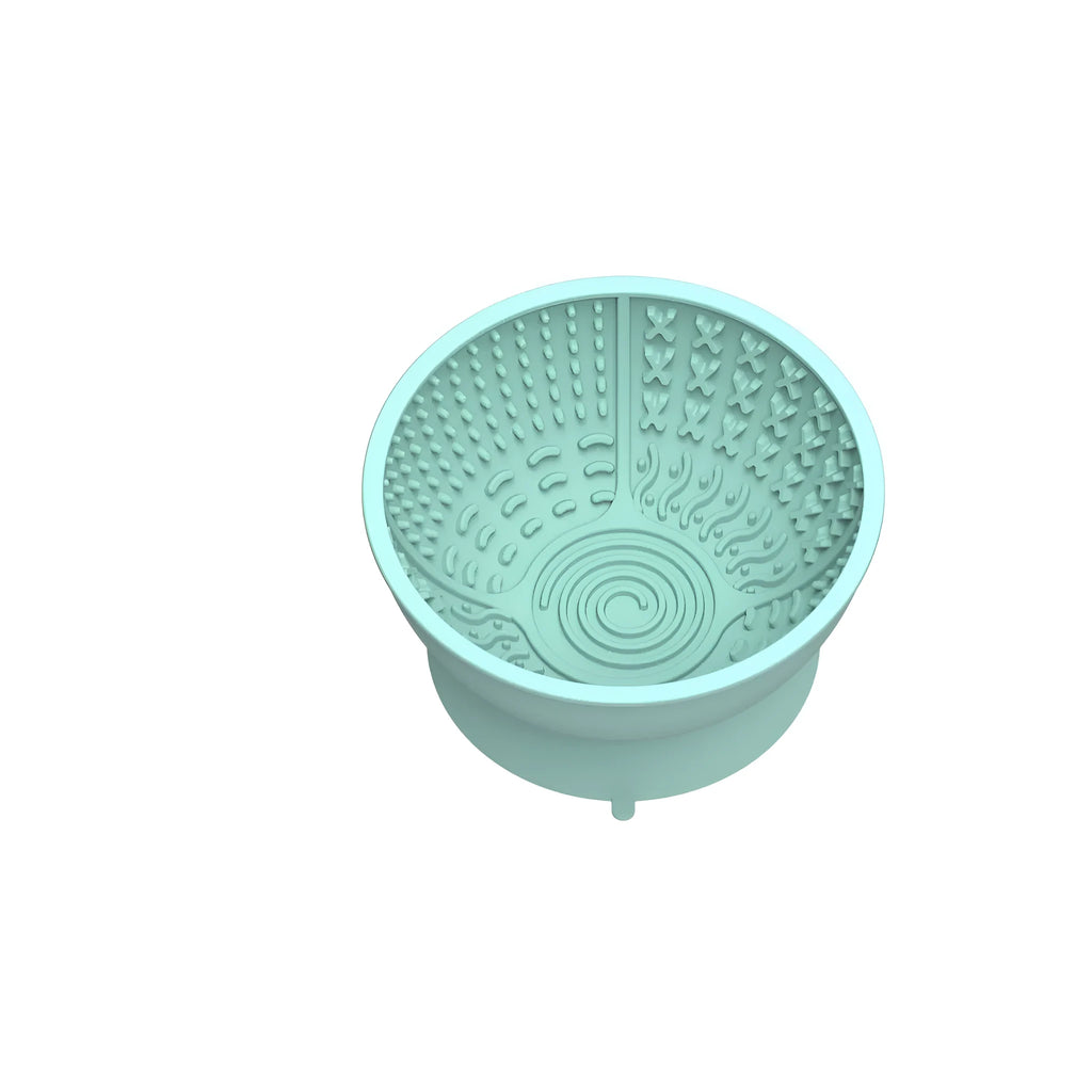 Silicone slow feeder licking mat dog bowl with suction cup base in cyan colour