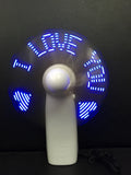 White handheld mini fan with flashing blue and red LED love pattern lights